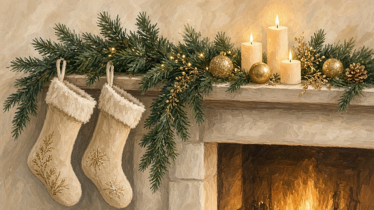 A Christmas mantel with garland, candles, and cream stockings