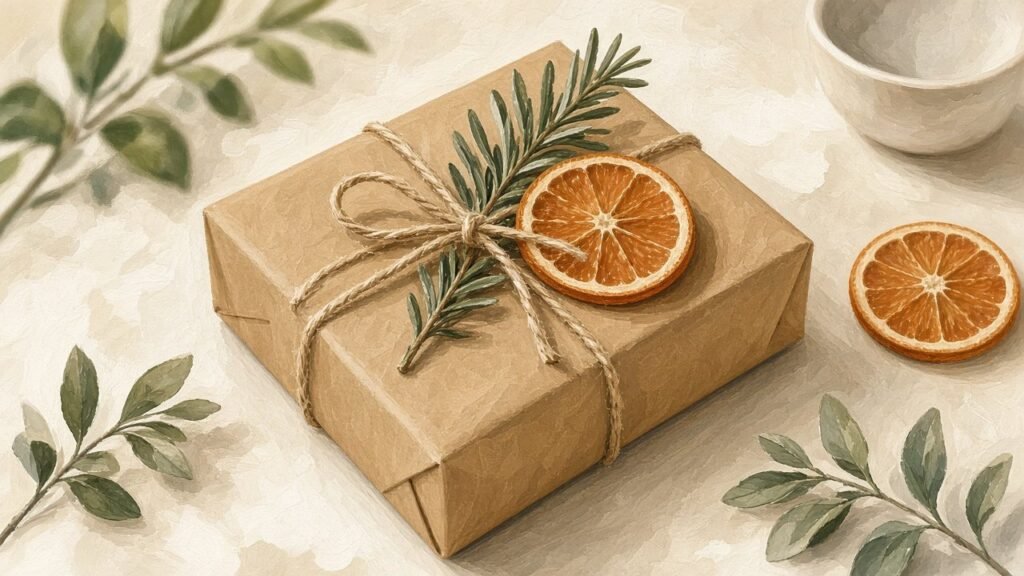 A gift wrapped in kraft paper with twine and rosemary