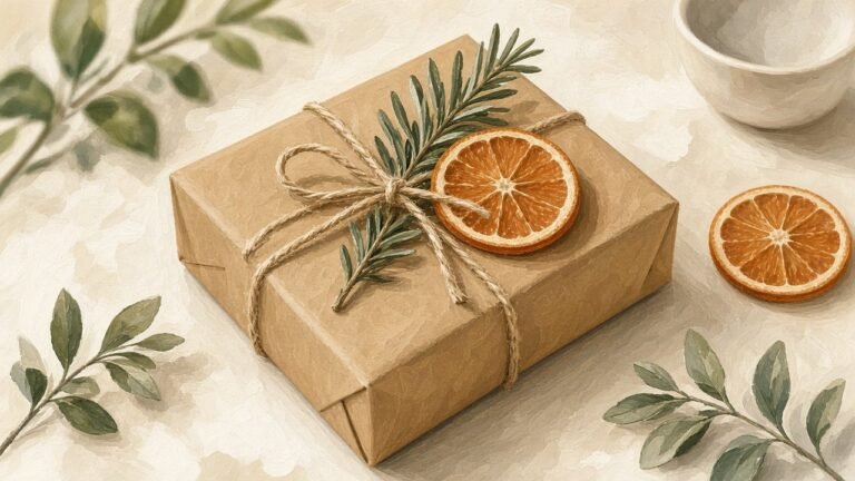 A gift wrapped in kraft paper with twine and rosemary