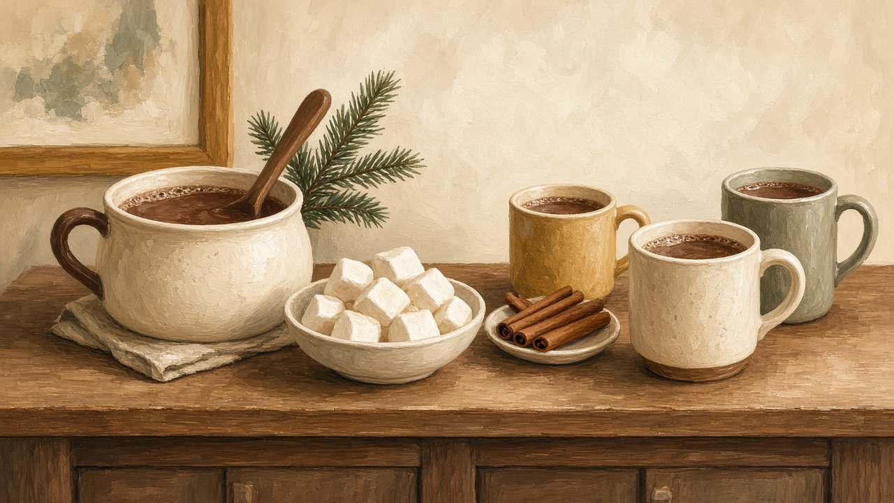A hot cocoa bar with mugs, marshmallows, and cinnamon