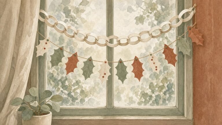 Paper chain and holly garlands in a window