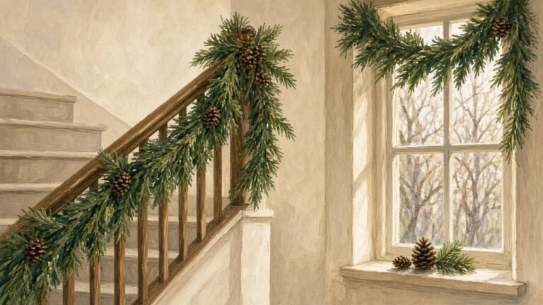 Fresh evergreen garland along a staircase and a window