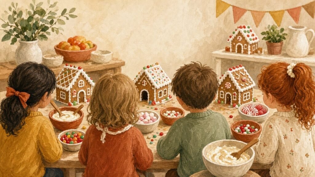 A gingerbread house decorating party for children