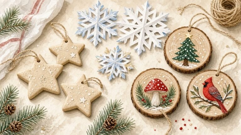Handmade Christmas ornaments on a craft table