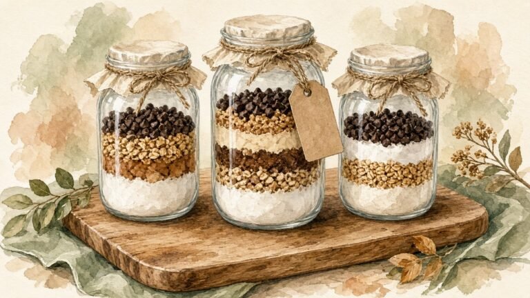 Layered mason jar cookie mixes with blank gift tags