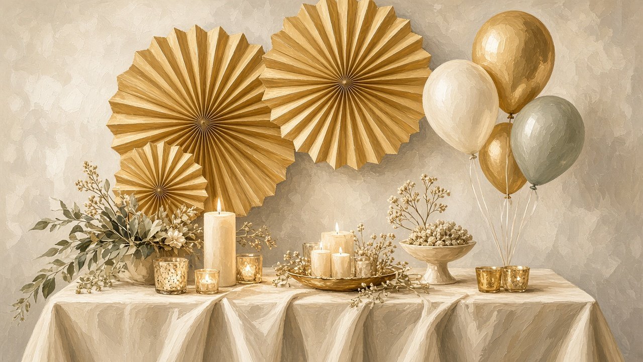 Budget New Year's Eve decor with paper fans and candles