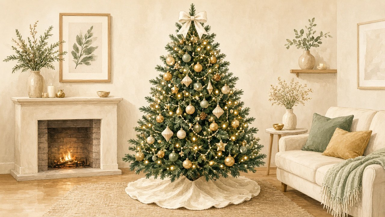 A simply decorated Christmas tree in a cream living room
