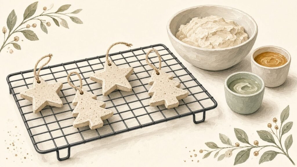 Salt dough ornaments drying beside paint
