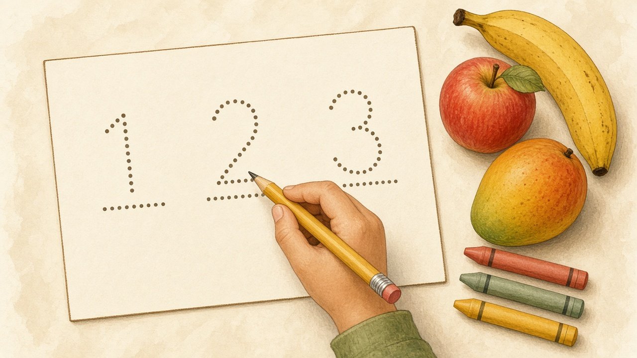 A child tracing the numbers 1, 2, and 3 beside a banana, apple, and mango