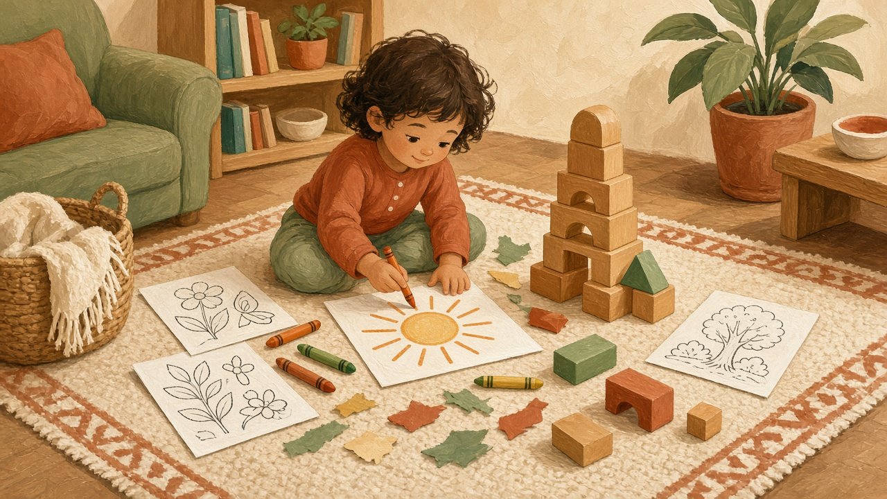 A preschooler coloring and building blocks on a living room rug