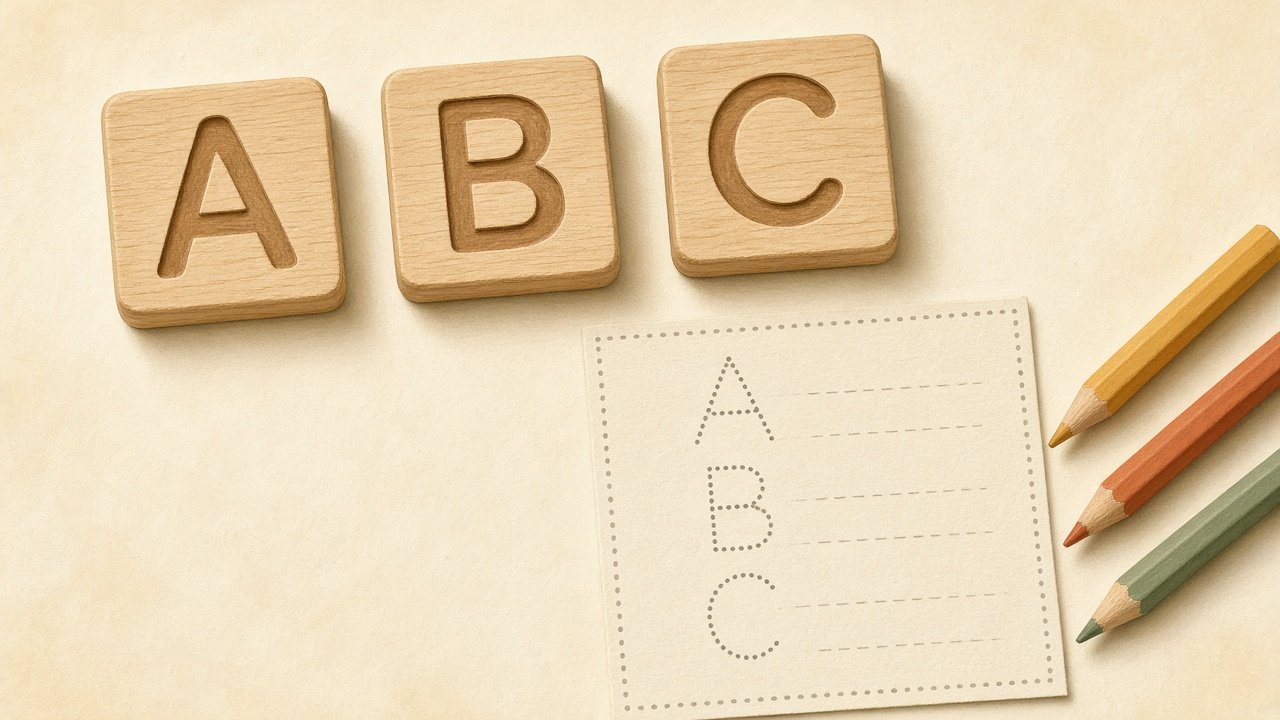 Wooden letter tiles A, B, and C with a tracing card and colored pencils