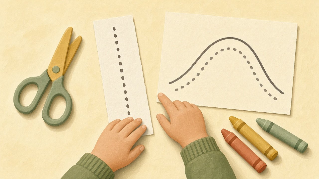 Safety scissors, a dotted cutting strip, and a tracing curve