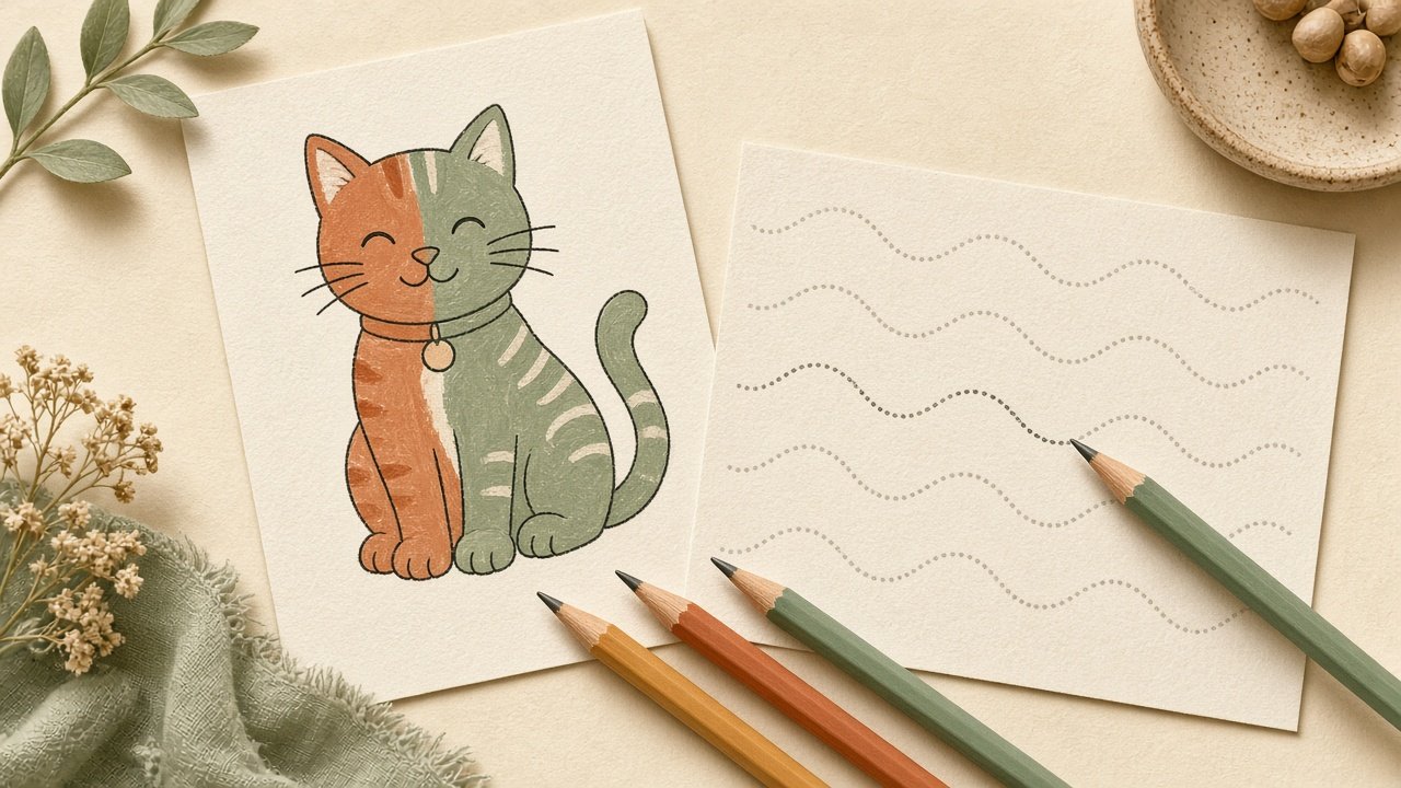 A half-colored cat page beside wavy tracing lines