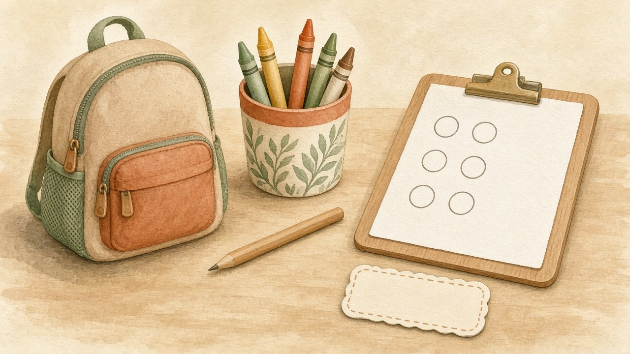 A small backpack, crayons, and a blank checklist for kindergarten