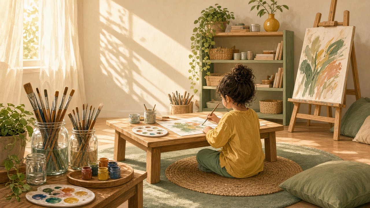 A child painting at a low table in a bright art studio
