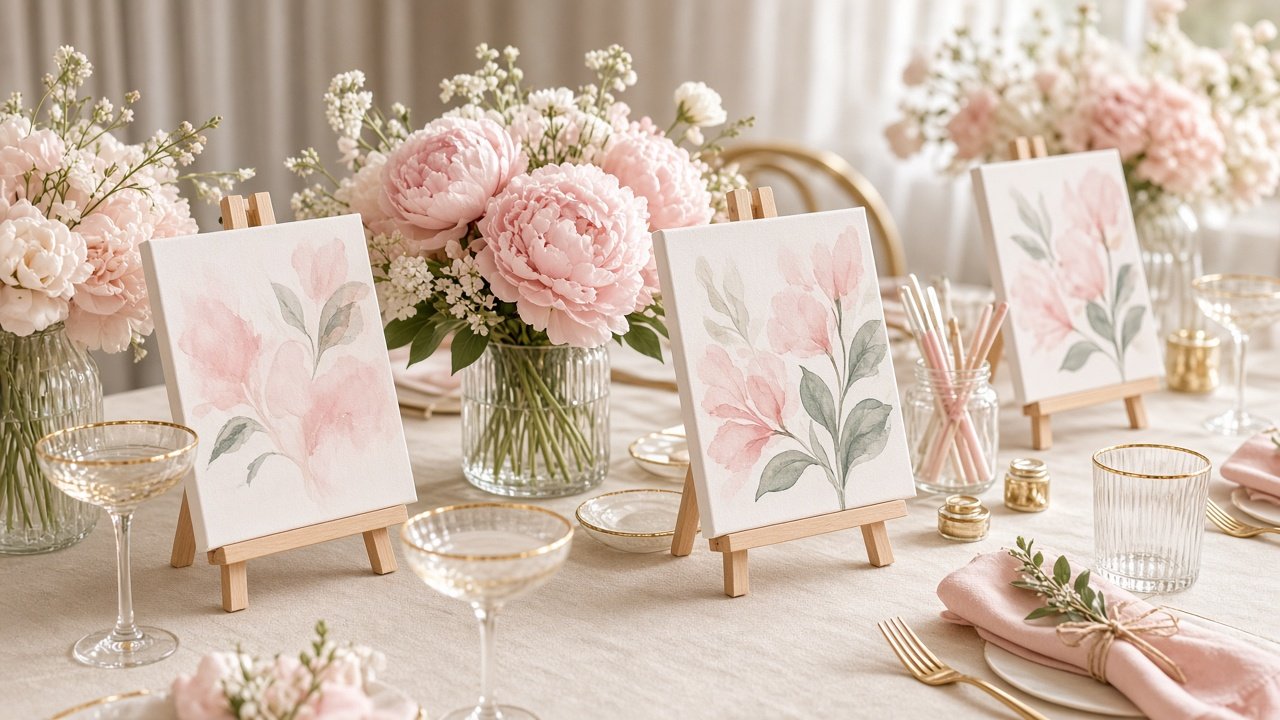 Blush floral canvases and glasses set for a bachelorette paint party