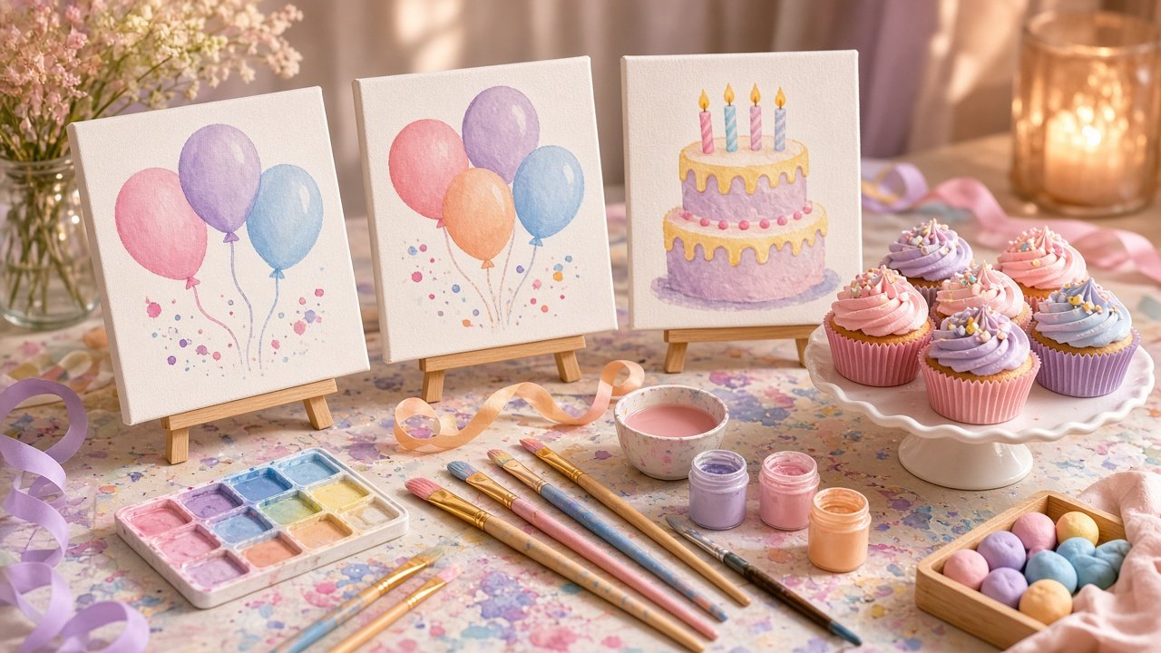 Birthday paint party canvases of balloons and a cake beside cupcakes