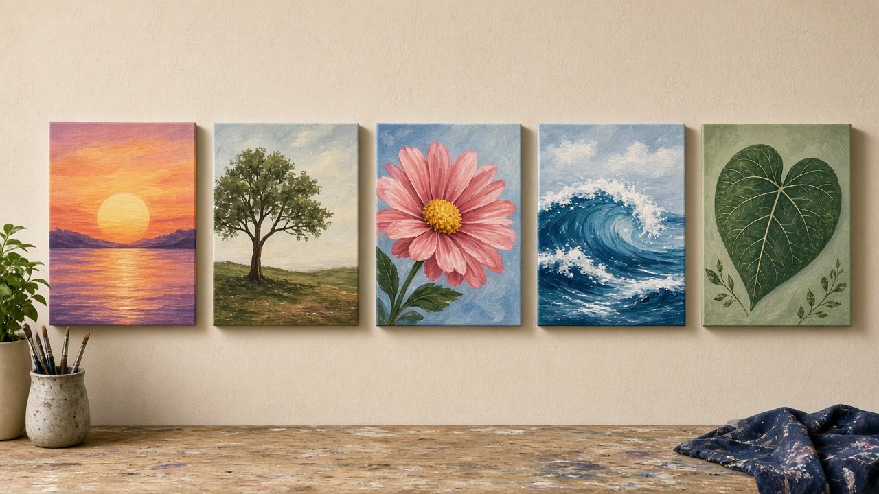 Five simple beginner canvases: a sunset, a tree, a flower, a wave, and a leaf