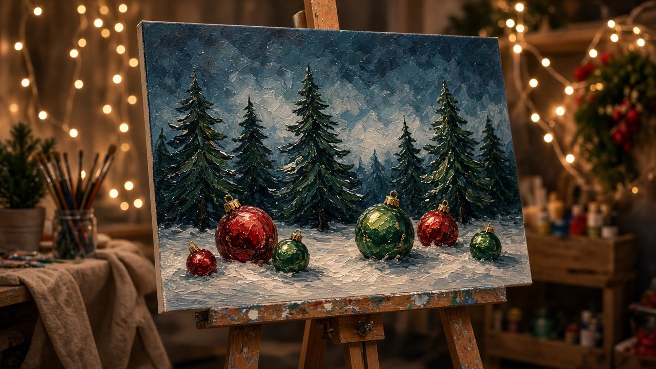 A canvas of pine trees and round ornaments on a Christmas paint night easel