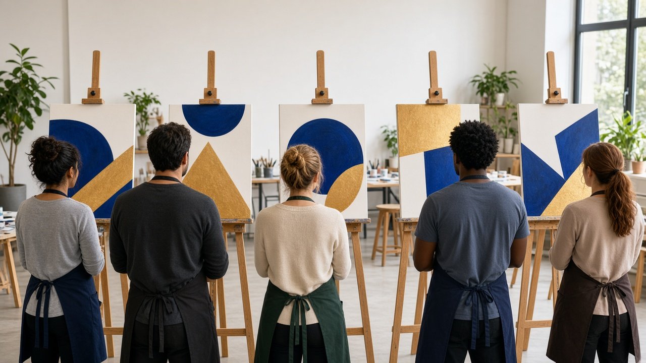 Team building workshop with simple geometric canvases on easels