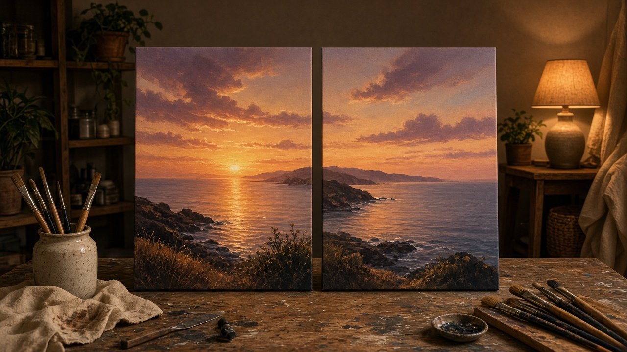 Two canvases placed side by side to make one sunset