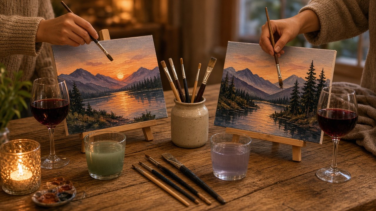 Two simple landscape canvases, brushes, and glasses on a paint and sip table