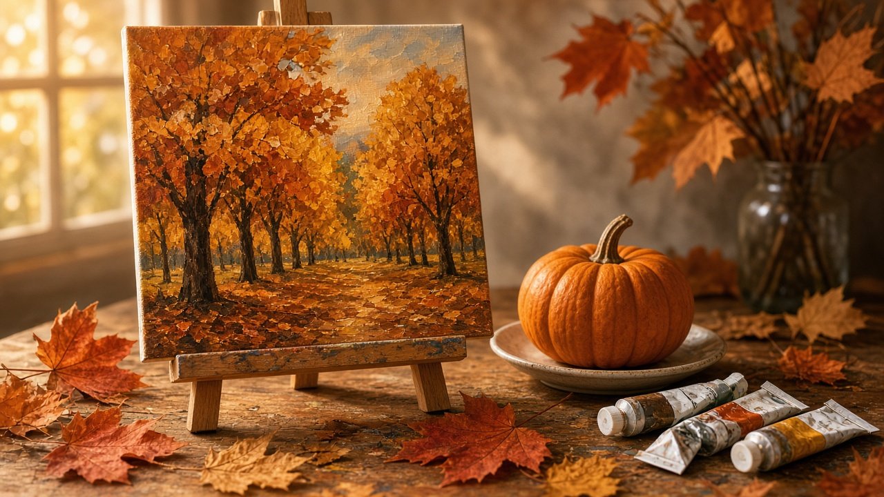 An autumn canvas of orange trees and a pumpkin on a studio easel