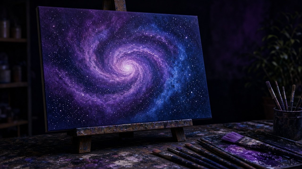 A purple and blue galaxy canvas on an easel