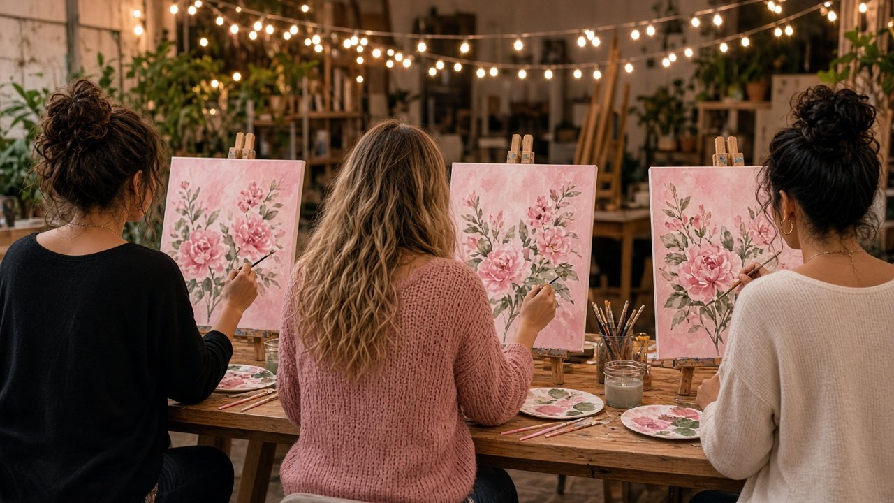 Friends painting matching floral canvases at a long studio table