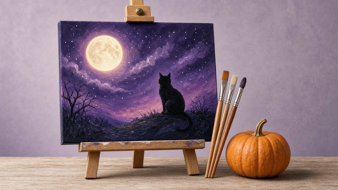 A friendly Halloween canvas with a moon and a black cat silhouette