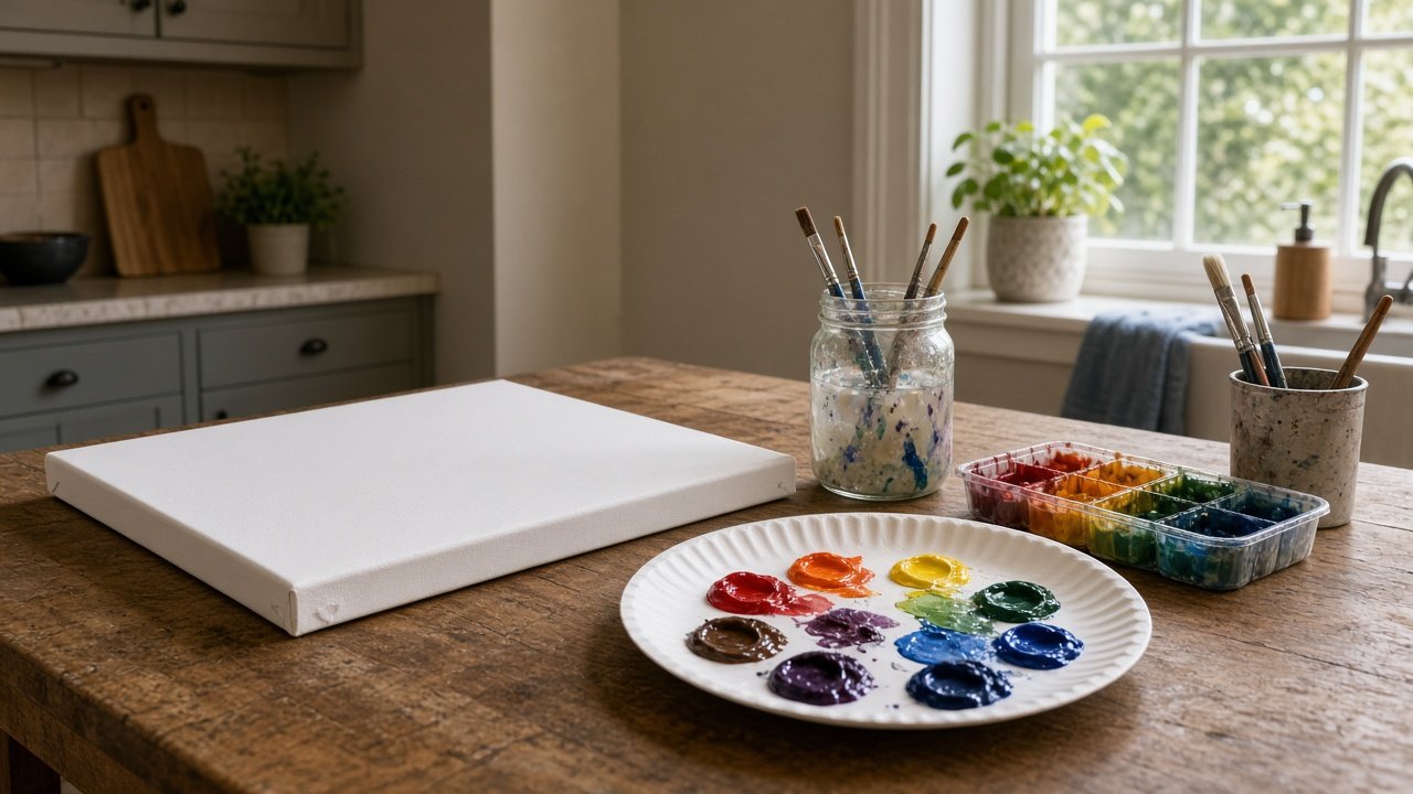 A kitchen table set with a canvas, acrylics, a paper plate palette, and brushes