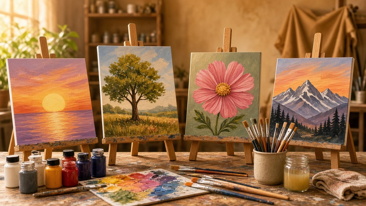Beginner canvases of a sunset, a tree, a flower, and a mountain on studio easels