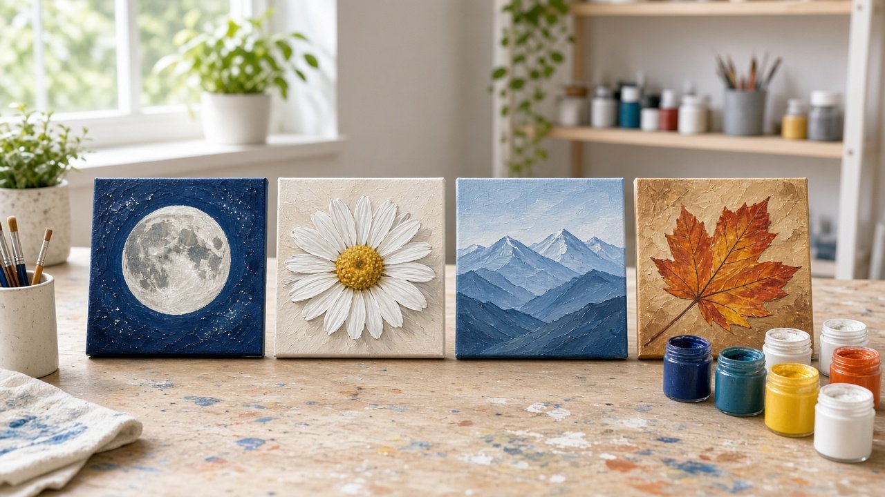Four small canvases showing a moon, a daisy, a mountain, and a leaf