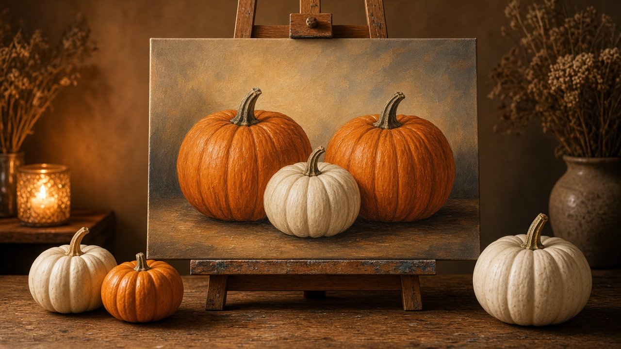 A still-life canvas of three pumpkins beside real pumpkins
