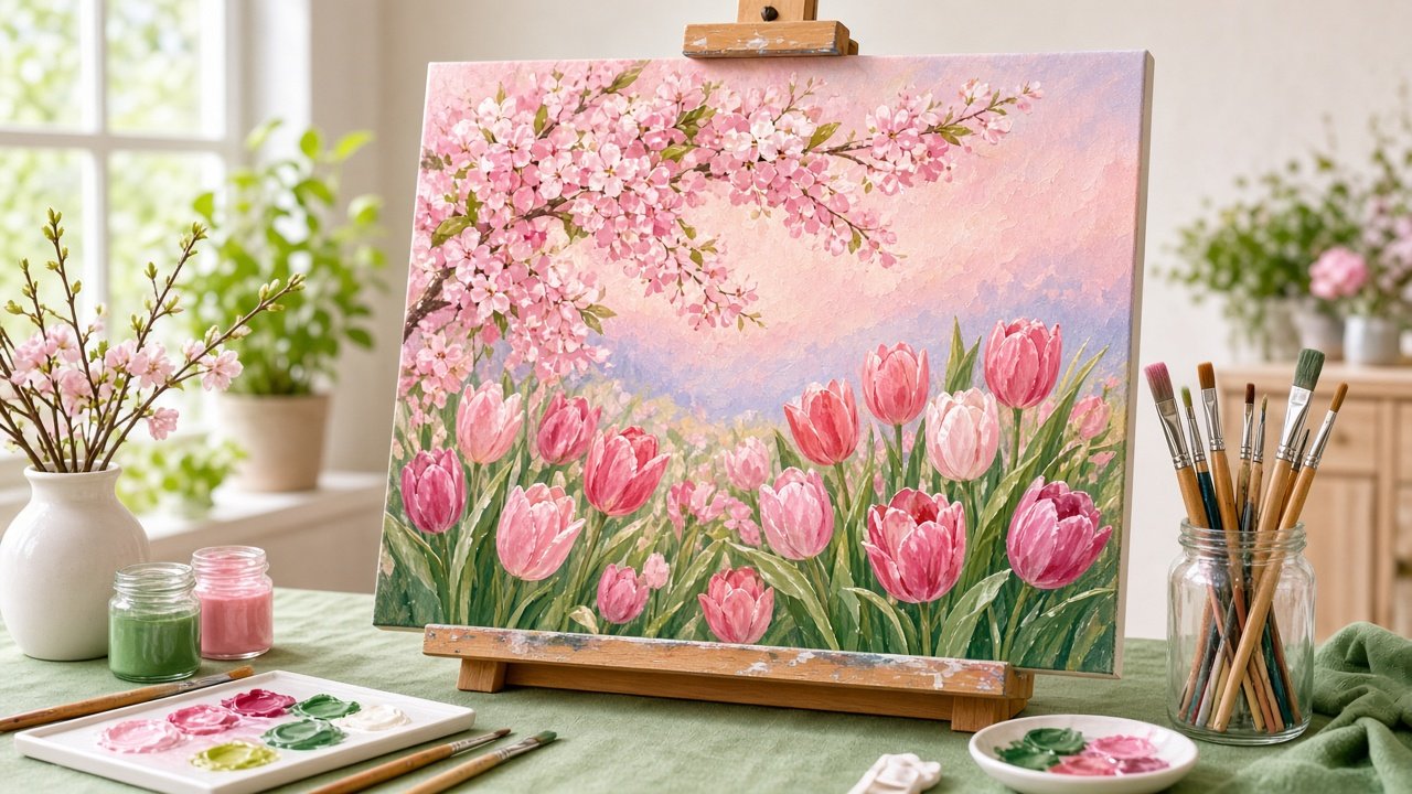 A canvas of cherry blossoms and tulips on an easel