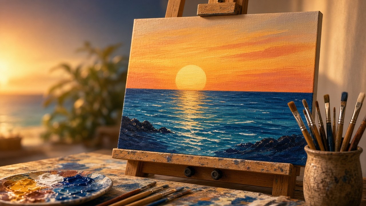 A beach sunset canvas on an easel in warm light