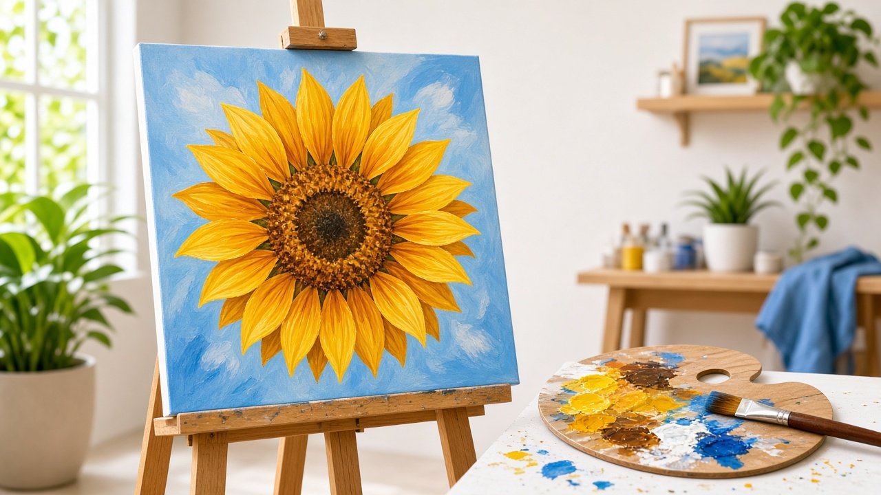 A large sunflower painting on a studio easel