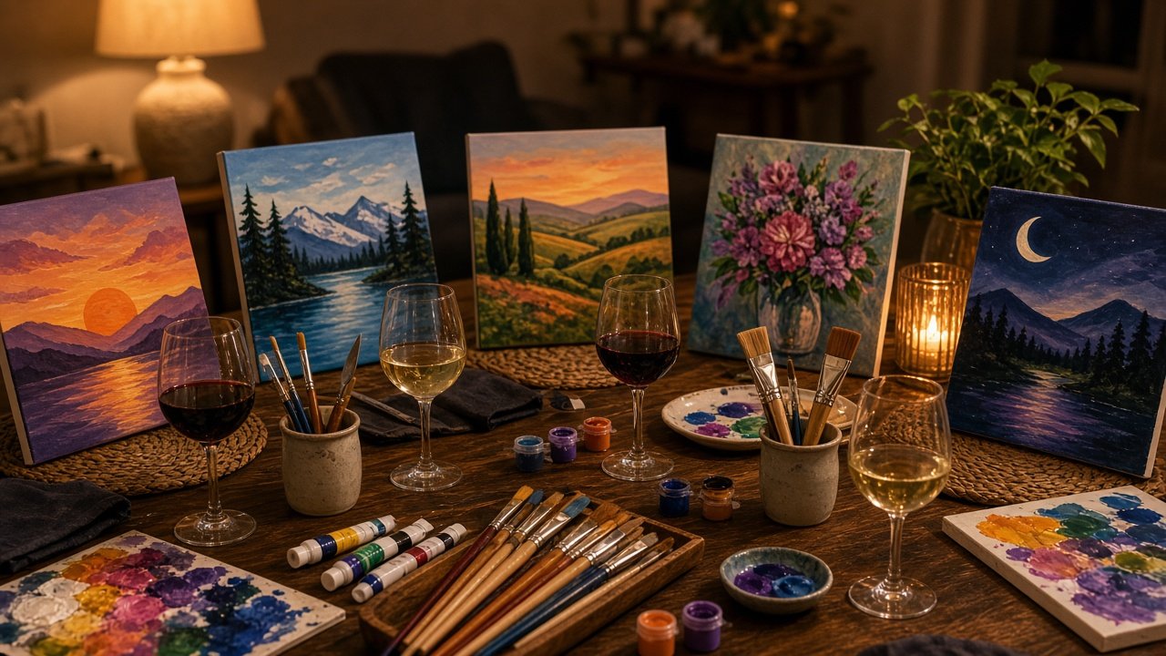 A wine and paint party table with colourful canvases, glasses, and brushes