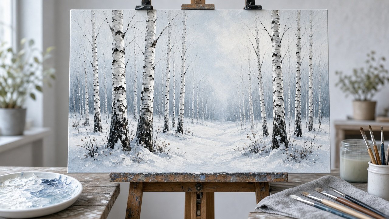A canvas of snowy birch trees on an easel