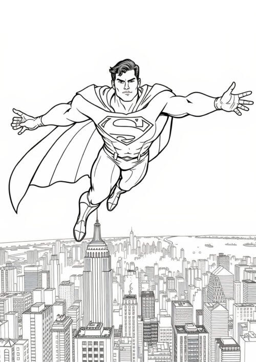 Superman Flies high in the sky Coloring Page For Kids – Free Activity PDF Download