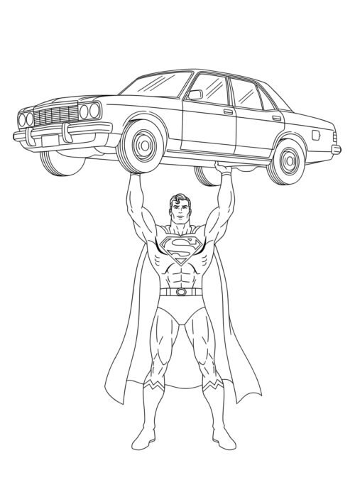 Superman Lifting A Car Coloring Page For Kids – Free Activity PDF Download
