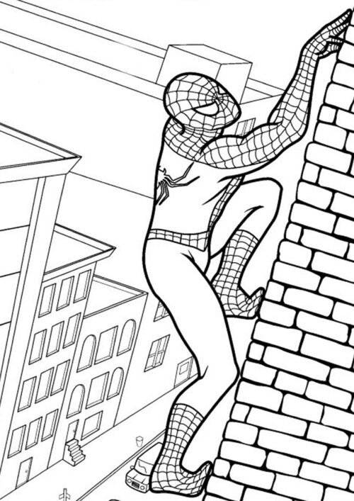 Spiderman climbing a building Coloring Page For Kids – Free Activity PDF Download