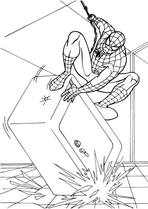 Spiderman saving a safe Coloring Page For Kids – Free Activity PDF Download