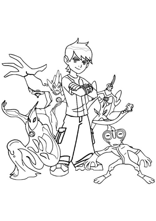 Ben 10 With Aliens Coloring Page For Kids – Free Activity PDF Download