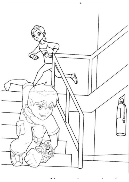 Ben 10 Staircase Action Scene Coloring Page For Kids – Free Activity PDF Download