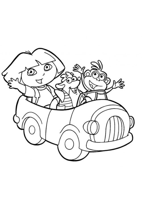 Dora Carrying Boots Train Scene Coloring Page For Kids – Free Activity PDF Download
