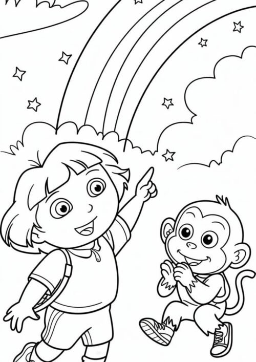 Dora And Boots Rainbow Adventure Coloring Page For Kids – Free Activity PDF Download