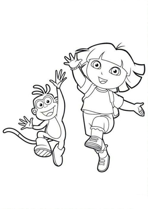 Dora And Boots Jumping Together Coloring Page For Kids – Free Activity PDF Download