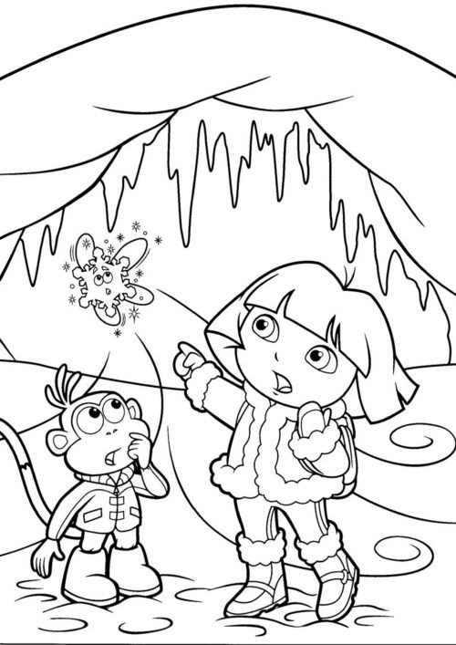 Dora Winter Adventure With Boots Coloring Page For Kids – Free Activity PDF Download