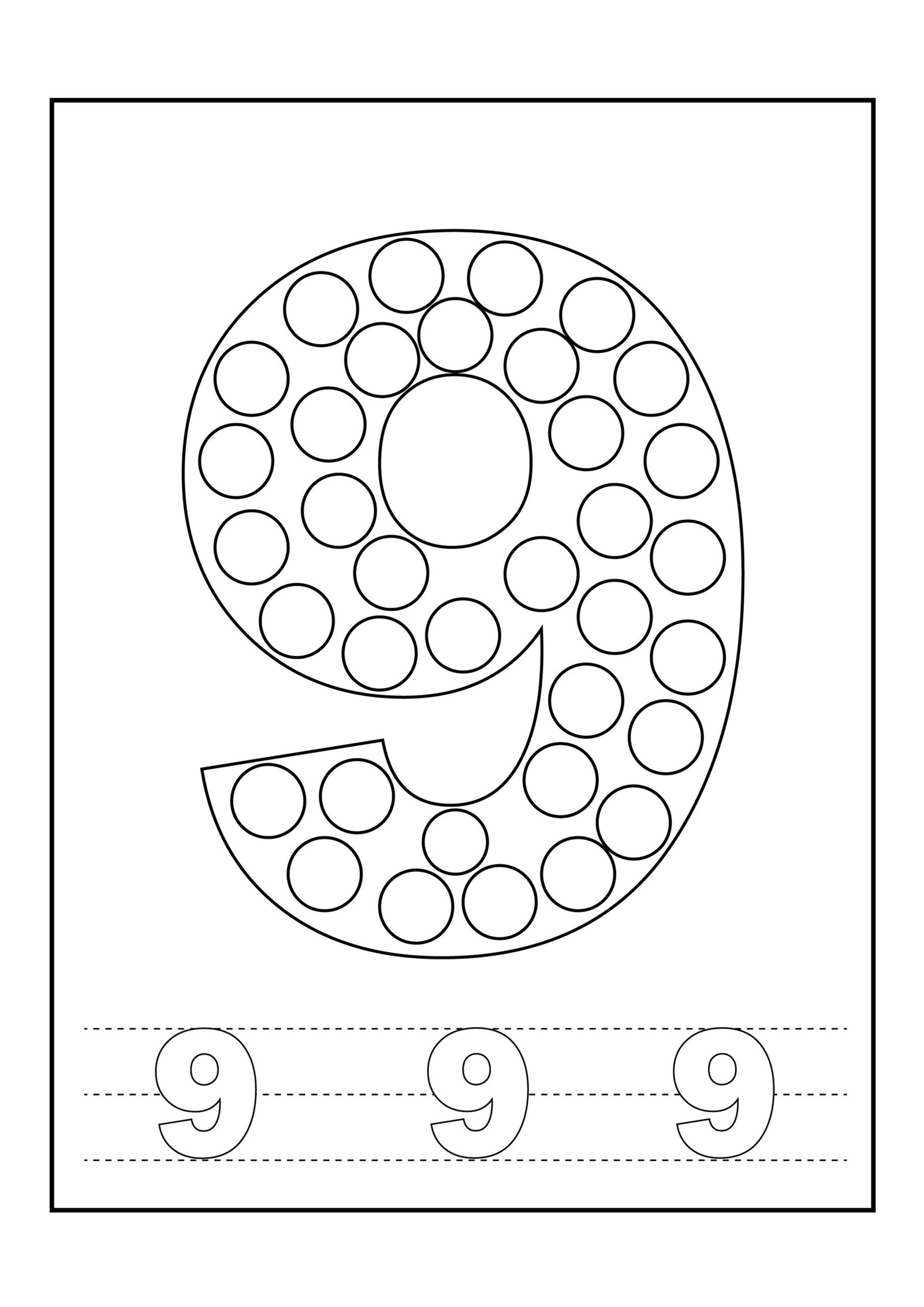 Number 9 Tracing Coloring Page For Kids – Free Activity PDF Download